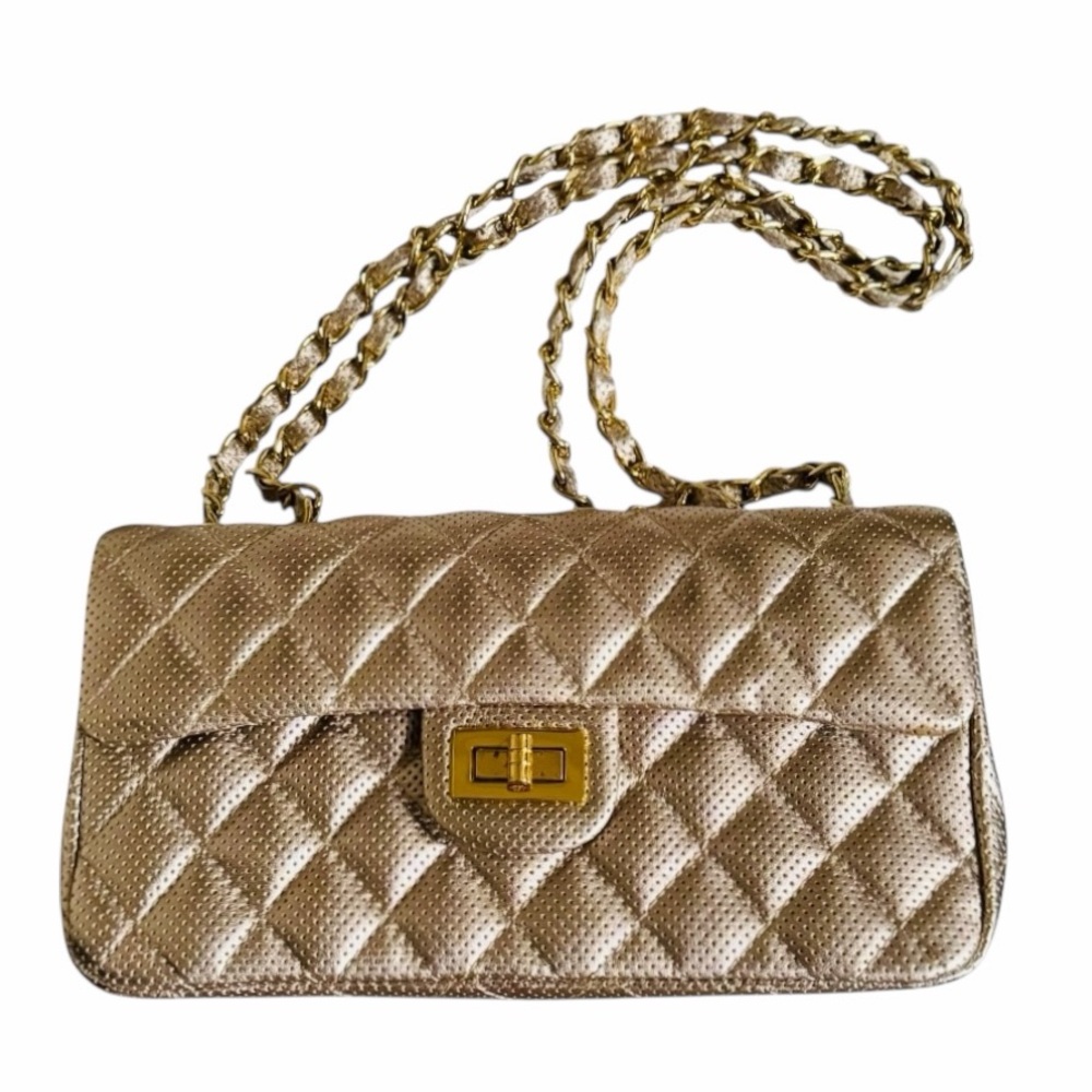 Ashneil Metallic Champagne Gold Quilted Perforated Flap Leather Shoulder Bag - Picture 9 of 11